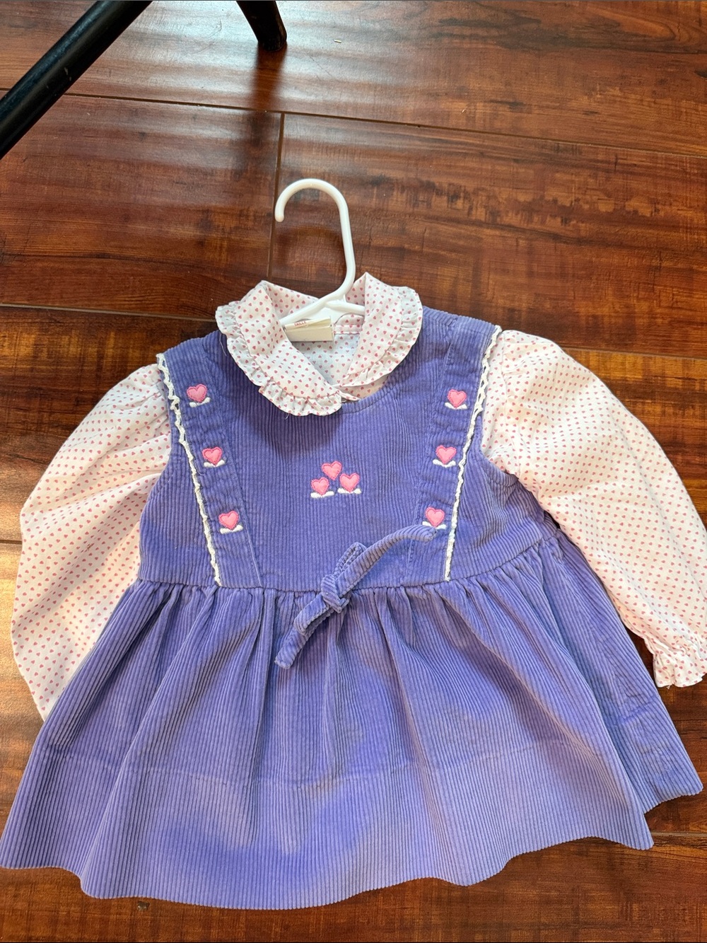 Vintage Joyeux Grimins Lavender Corduroy Dress with Pink Heart Embroidery